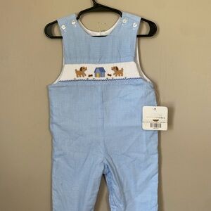 Petit Bebe Light Blue Smocked Puppy Overalls/Romper for Kids